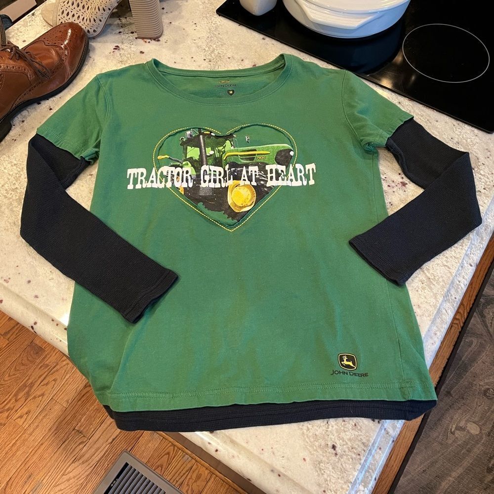 John Deere Double Sleeve Tractor Girl at Heart T-Shirt sz M EUC